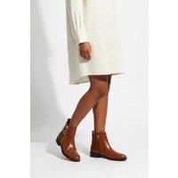 XY London Women's 'Lorna' Flat Low Heel Ankle Booties With Decorative Buckle & Zip in Tan | Size: 6