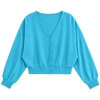 Busem Women's V-Neck Ribbed Crop Cardigan in Blue | Size: Medium