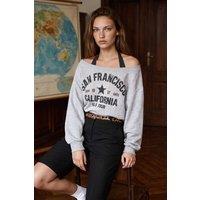 Hiccup Women's Two-Piece Asymmetric Neck Printed Oversized Sweatshirt in Grey | Size: Large