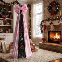 YnysTec Large Velvet Christmas Bow, Long Streamers Christmas Tree Topper Bow in Pink