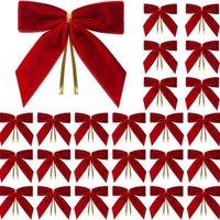 YnysTec 24x Velvet Bows for Christmas Tree Xmas Wreaths Decorations Ribbon in Red | Size: 24 Pack