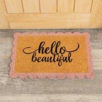 Melody Maison "Hello Beautiful" Pink Scalloped Coir Doormat in Natural