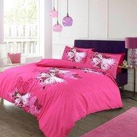 Homes-Linen Butterfly Printed Polycotton Duvet Cover Set Soft Easy Care Bedding in Pink | Size: King