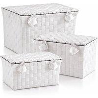 Trendi Set of 3 White Woven Plastic Storage Baskets with Lids