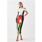 Italian Signature Stretch Bardot Blurred Floral Print Midi Dress