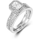 Silver Emerald-cut CZ Octagon Halo Solitaire Bridal Set Rings - ARN148