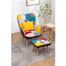 Colorful Multi-pattern Patchwork Accent Chair Wingback Sofa with FootStool and Cushion