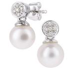 9ct White Gold Diamond Pearl 6.5mm Lightbulb Cap Drop Earrings - PE0AXL5718WPRL