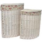 Set of 2 Cotton Lined Wicker White Wash Corner Laundry Baskets