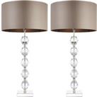 2 PACK Glass Table Lamp Light Silver Crystal & Taupe Shade Square Base Sideboard