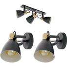 Ceiling Spot Light & 2x Matching Wall Lights Black & Wood Adjustable Shade