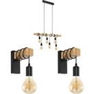 Multi Bulb Ceiling Pendant Light & 2x Matching Wall Lights Black & Wood Trendy