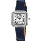 Bellagio Swiss Made Diamond Watch, Silver-White Dial, Genuine Dark Blue Handmade Leather Strap