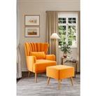 Orange Matte Velvet Striped Curved Wing Back Armchair with Cushion and Footstool