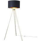 Aero Gold Metal Tripod Floor Lamp With Large Black And Gold Shade And Warm White Bulb