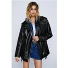 Real Leather Zip Detail Longline Belted Jacket