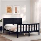 Bed Frame with Headboard Black Double Solid Wood