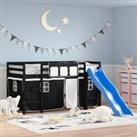 Kids' Loft Bed with Curtains White&Black 90x200cm Solid Wood Pine