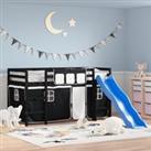 Kids' Loft Bed with Curtains White&Black 80x200cm Solid Wood Pine