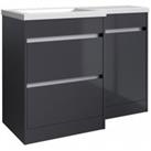 Grey Gloss Left Hand 2 Drawer Combo Unit with L Shape Basin 1.1m Wide