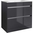 Grey Gloss Bathroom 2-Drawer Standing Unit with Basin 60cm Wide