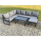 Aluminium Garden Furniture Set Outdoor Indoor Lounge Corner Sofa Oblong Coffee Table Sets with Big Footstool Dark Grey
