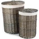 Set of 2 Cotton Lined Wicker Antique Wash Round Laundry Baskets