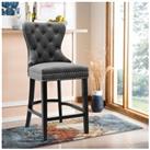 Velvet Button Dining Chair Tufted Nailhead with Rubber Wooden Legs Bar Stools for Kitchen Counter
