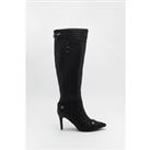 Leather Zip & Stud Pointed Toe Knee High Boots