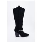 Suede Harness Detail Knee High Cowboy Boot