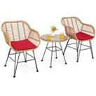 3 Pieces Patio Bistro Set Outdoor PE Rattan Armchairs w/Tempered Glass Table