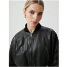 Distressed Faux Leather Cropped Bomber Jacket