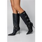 Faux Leather Buckle Detail Pointed Toe Knee High Boots