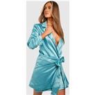 Premium Satin Ruched Sleeve Wrap Blazer Dress