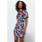 Abstract Printed Sequin Ruched Mini Dress