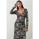 Zebra Print Scoop Neck Long Sleeve Ruched Midi Dress