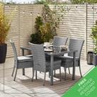 Bali Grey Rattan Garden Dining Table and Chairs for Outdoor Patio, 4 Seater with Cushions and Glass Top Table