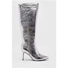 Leather Metallic Zip & Stud Pointed Toe Knee High Boots