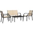 4 Pcs Curved Steel Outdoor Sofa Set w/ Loveseat 2 Chairs Glass Top Table Beige