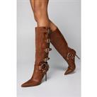 Faux Leather Buckle Detail Pointed Toe Knee High Boots