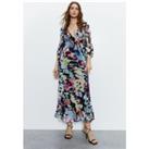 Abstract Print Fluted Sleeve Plunge Maxi Dress