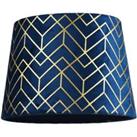 Navy Blue Velvet Lamp Shade with Geometric Design in Metallic Gold Foil Lines
