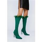 Faux Leather Feather Trim Knee High Boots