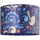 Vivid Floral Midnight Blue Satin Fabric 12 Drum Lamp Shade with Bird Decoration