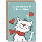 Nanny Happy Birthday Card Happy White Cat In Scarf Drawing Love Hearts For Her Greeting Card