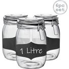 Glass Storage Jars with Labels - 1 Litre - Black Seal - Pack of 6