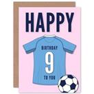 Football Fan 9th Happy Birthday Card for Boys Girls Sky Blue Jersey Football Top on Pink Background