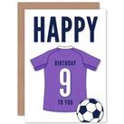 Football Fan 9th Happy Birthday Card for Boys Girls Purple Jersey Football Top on White Background