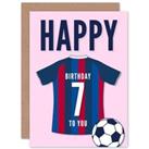 Football Fan 7th Happy Birthday Card for Boys Girls Blue Red Striped Jersey Football Top on Pink Bac