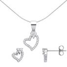 Silver Accented Love Heart Halo Earrings Necklace Set - GSET671